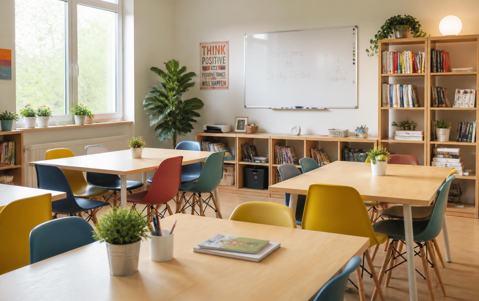 Centro de estudo com mesas, cadeiras coloridas e estantes de livros